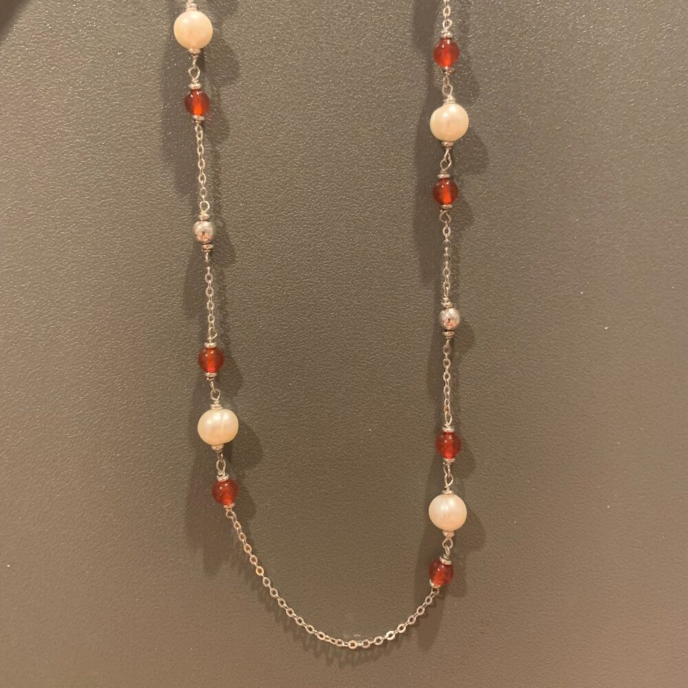 Honora Pearl Station Necklace || Silver Chain, Pearls, Red Beads